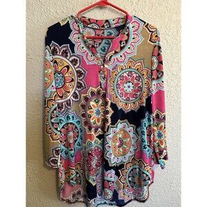Women's Large Long Sleeve‎ Top Vibrant Multicolor Geometric Flowy Blouse